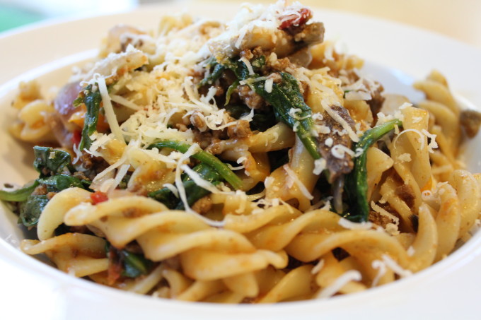 IMG_4073 Fusilli Pasta with spinach tomatoes and mushrooms! Make this quick and delicious, easy weeknight dinner! Your family will love this!