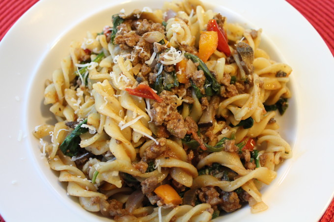 IMG_4076 Fusilli Pasta with spinach tomatoes and mushrooms! Make this quick and delicious, easy weeknight dinner! Your family will love this!