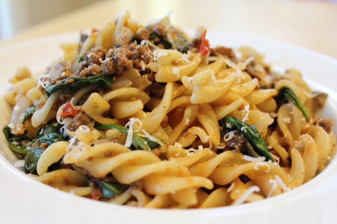 IMG_4077 Fusilli Pasta with spinach tomatoes and mushrooms! Make this quick and delicious, easy weeknight dinner! Your family will love this!