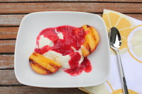 Grilled Peaches with Vanilla Ice Cream & Raspberry Sauce