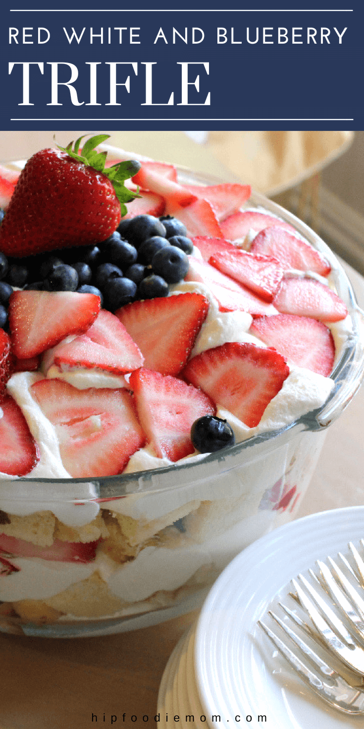 Red White and Blueberry Trifle!! Bite sized pieces of angel food cake, strawberries, blueberries and a cream filling!! Delicious! #redwhiteandblueberry #redwhiteandbluedessert #trifle #berries #fourthofjulydessert #angelfoodcake #summerdessertrecipe #dessert