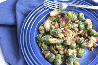 Roasted Brussels Sprouts with Toasted Pecans and Avocado.