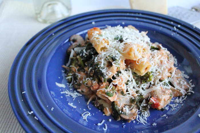 Broccoli Rabe mushroom and kale casserole on plate  | HipFoodieMom.com