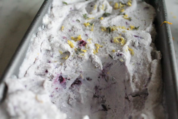 Close up photo of Blueberry Lemon and Thyme Ice Cream in a pan.