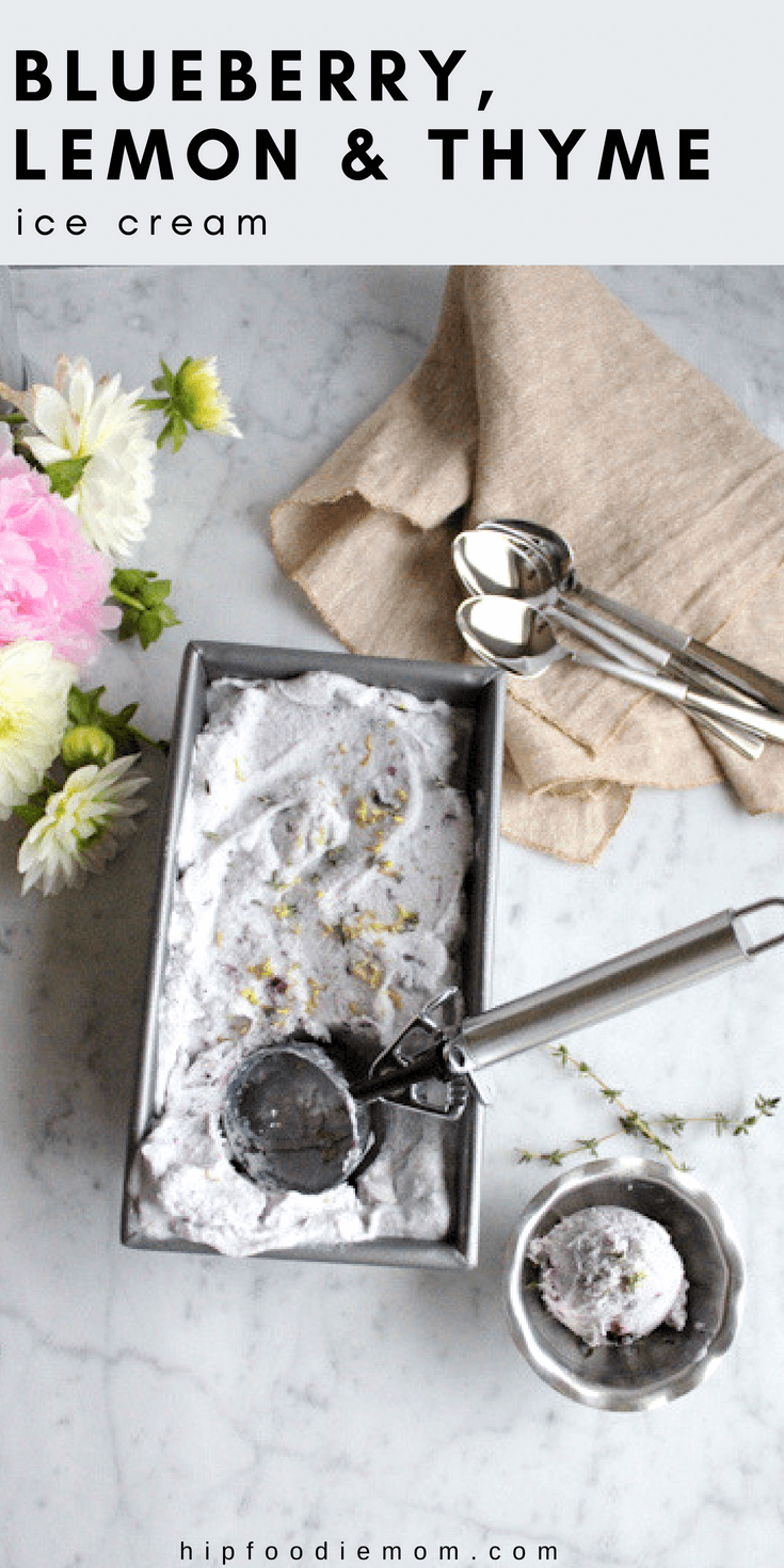 This Blueberry Lemon and Thyme ice cream is light, fruity, floral and delicious! #blueberryicecream #thyme #icecream #nochurnicecream #nochurnrecipe #dessert