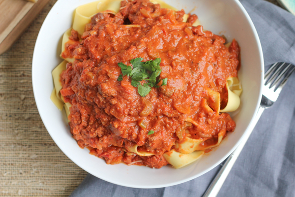 Rich, flavorful and delicious Slow Cooker Bolognese Sauce with Pappardelle! Your slow cooker does all the work! 