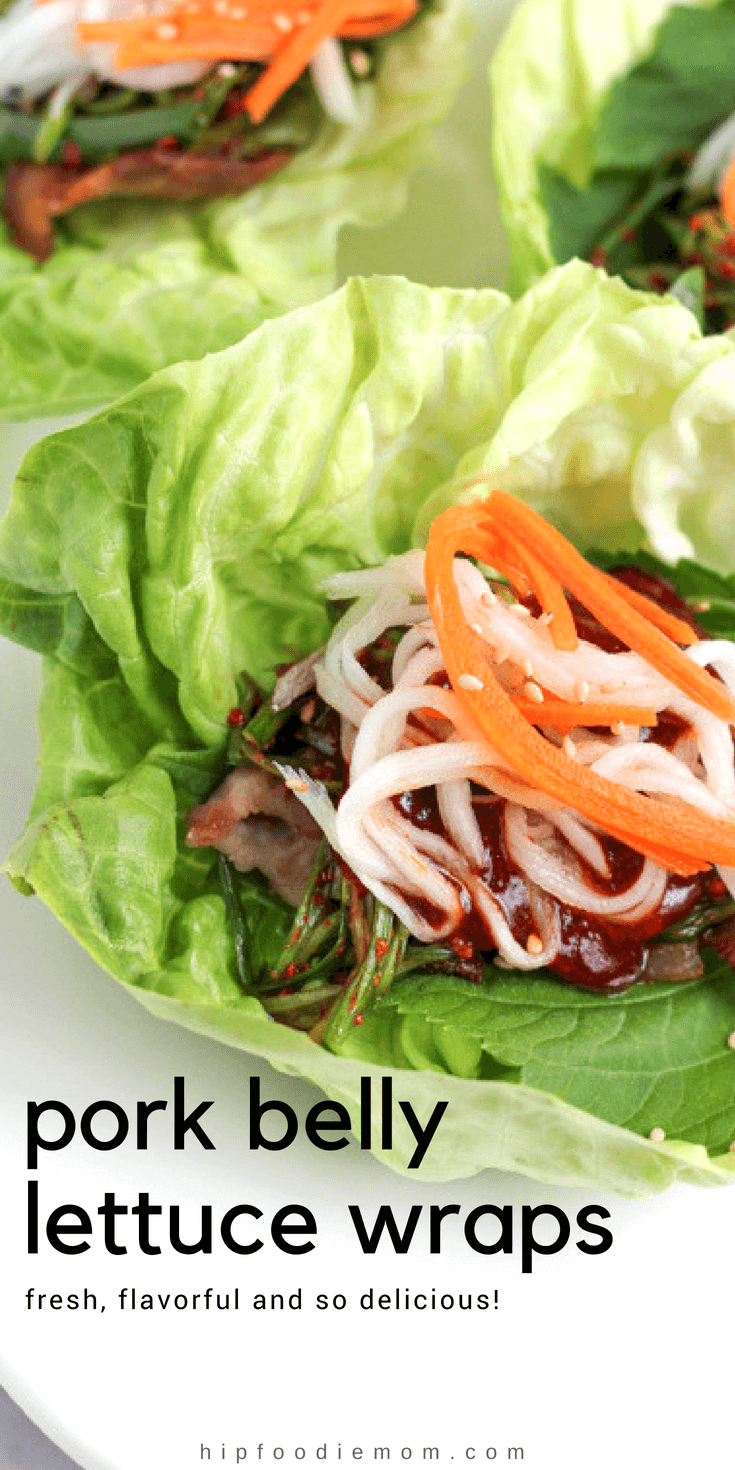 Pork Belly Lettuce Wraps! Fresh, flavorful and so delicious! See how to make these wraps, a Korean favorite! #porkbelly #lettucewraps #koreanfood #kimchi #pickledvegetables 