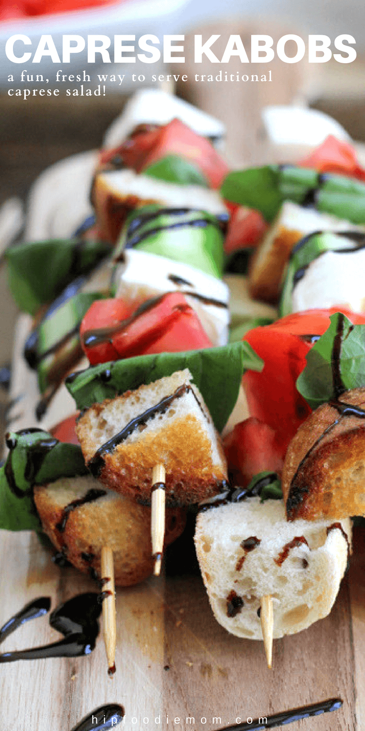 Best Ever Caprese Kabobs with Balsamic Glaze!! So easy to make and delicious! These kabobs are a super fun way to serve a traditional caprese salad to your family or guests! Keep them fresh, or throw them on the grill just for a second. Either way, they are delicious!  #capresekabobs #caprese #capresesalad #summer #grilling #kabobs #appetizer #tomatoes #vegetarianappetizer #vegetarian