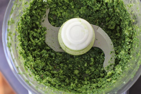 Pesto in a food processor for Summer Vegetable Galette with Pesto.