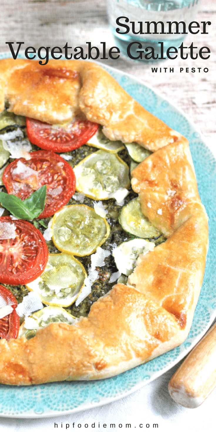 This Summer Vegetable Galette with Pesto is the perfect way to use in-season summer vegetables! Galettes are simple to make and delicious! #galette #vegetablegalette #summergalette #pesto #lunch #dinner #vegetarian #tomatoes