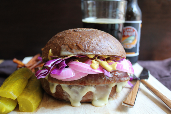 the ultimate limburger and bratwurst sandwich