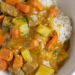 Korean Curry Rice! Filled with chunks of potatoes, carrots, beef and sweet potatoes, this hearty bowl of curry will hit the spot!