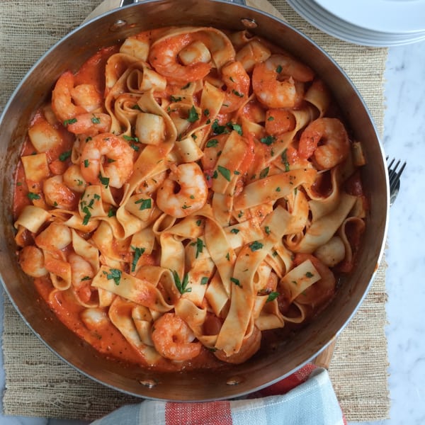 Seafood Pappardelle in a pan.