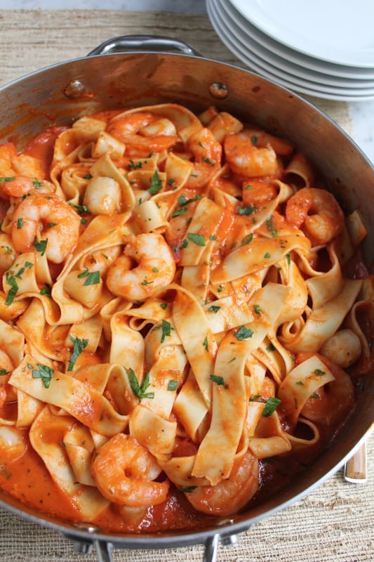 A pan of Seafood Pappardelle.