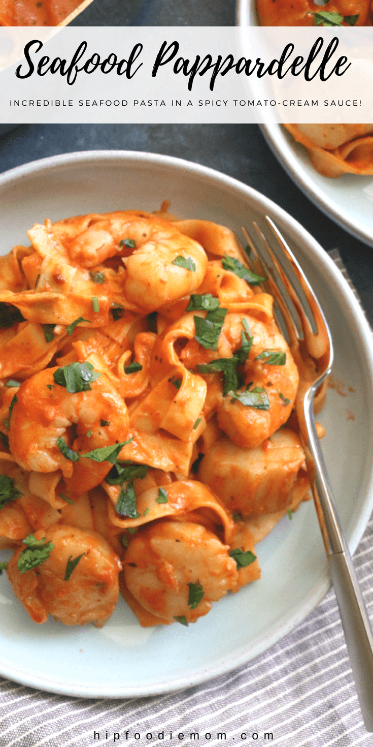 Seafood Pappardelle . . Scallops, shrimp and more.  Incredible seafood pasta in a spicy tomato-cream sauce. Easy to make and delicious, you don't want to pass this one up! #seafoodpappardelle #pasta #pappardelle #shellfish #dinner #maincourse #seafoodpasta 