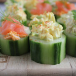 Quick and easy cucumber bites!! Three ways: smoked salmon, egg salad and tuna salad! Great party appetizer!