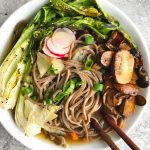 Asian Soba Noodle Broth Bowls! So delicious and easy to make! Filled with cabbage, buckwheat noodles, a light and flavorful broth and veggies for garnish, you’ve got to try this! 
