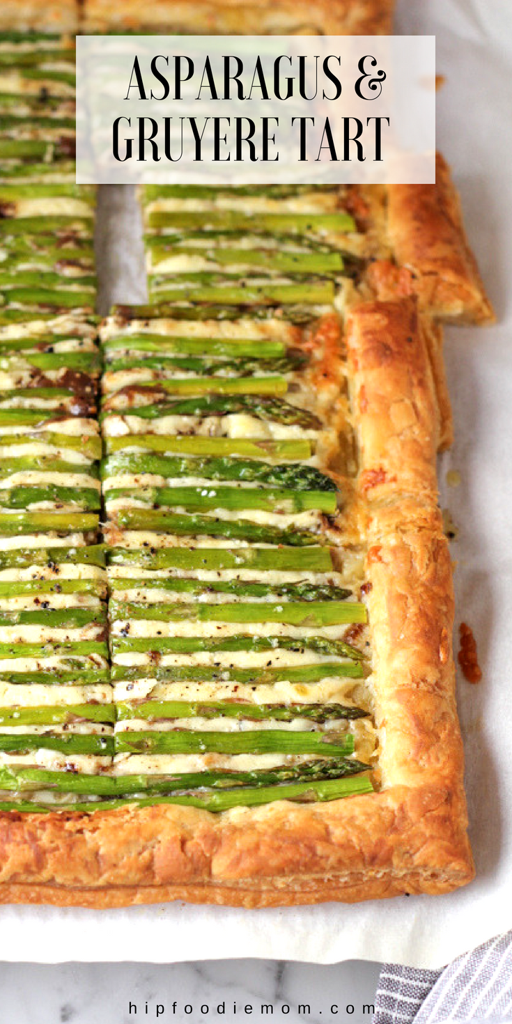 Gorgeous and impressive, this Asparagus Gruyere Tart makes for a delicious appetizer or main dish. It's also super EASY to make! #asparagustart #vegetabletart #asparagus #springmenuideas #easter #eastermenu #gruyere #pastry #baking #appetizer 