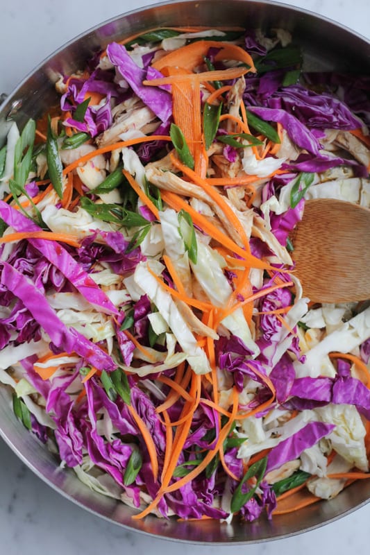 Chinese chicken salad in a mixing bowl.