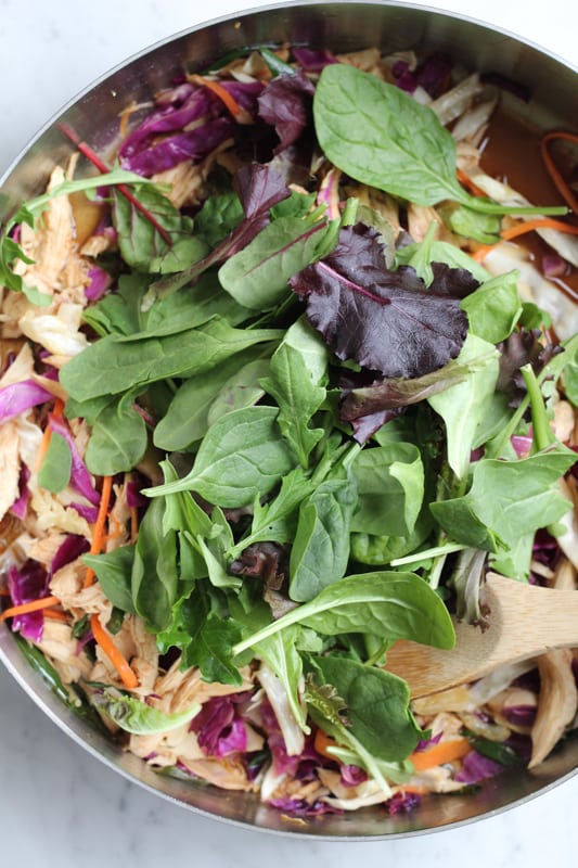 Chinese chicken salad in a mixing bowl topped with greens.