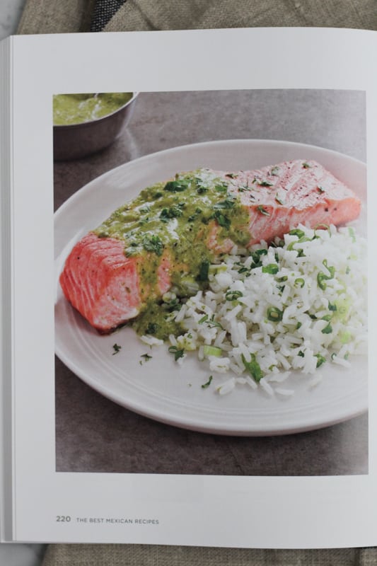 Page from America's Test Kitchen's The Best Mexican Recipes with an image of salmon with salsa verde.