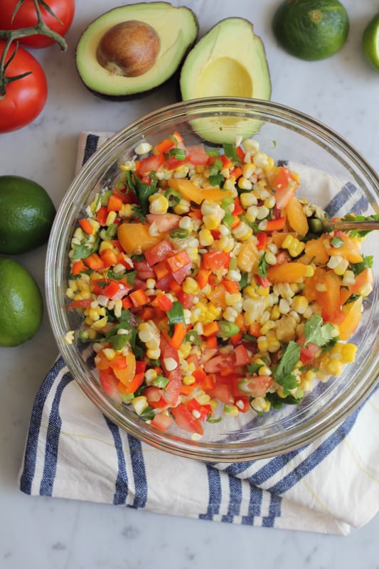 A bowl of corn salsa for Corn and Black Bean Tortilla Tart.