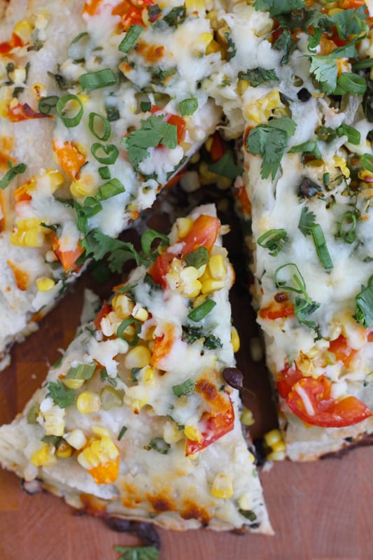Overhead photo of a sliced Corn and Black Bean Tortilla Tart.