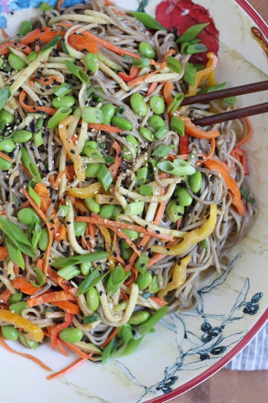  Light Asian Noodle Salad in a bowl with chopsticks.