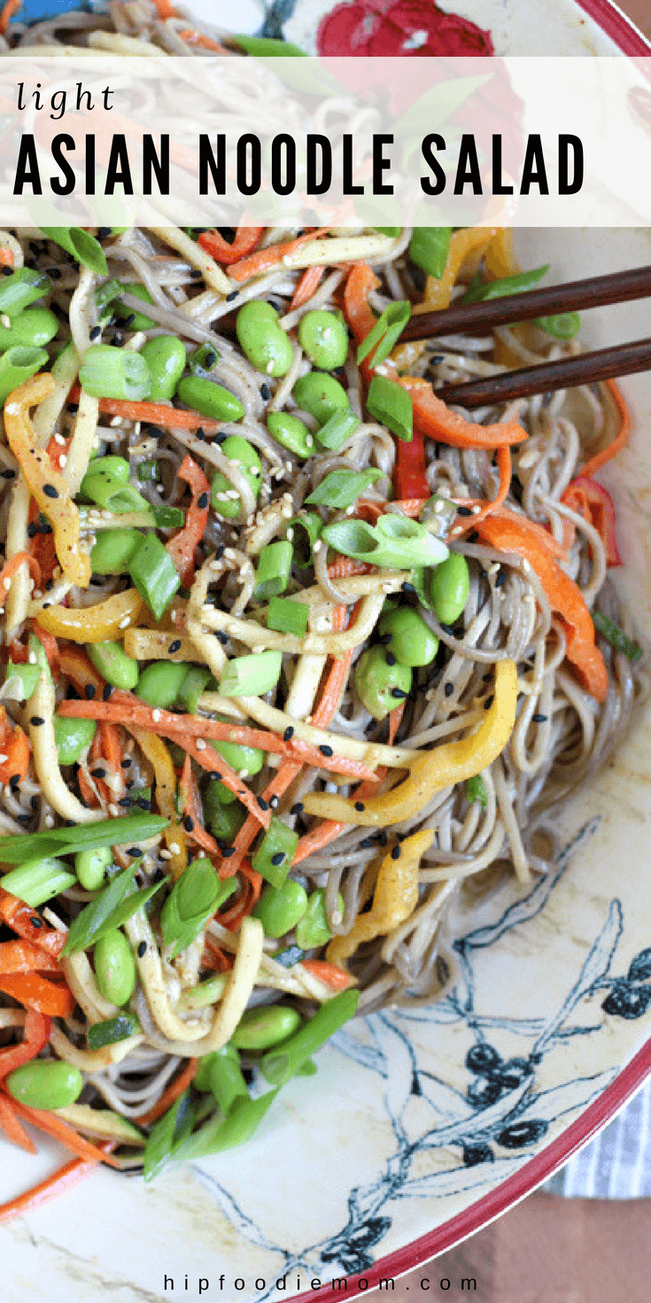 Light Asian Noodle Salad! Colorful and fresh bell peppers with chewy soba noodles, edamame and a life changing creamy almond butter sauce! #asiannoodlesalad #noodles #salad #sobanoodles #lunch #dinner #vegetarian #potluck