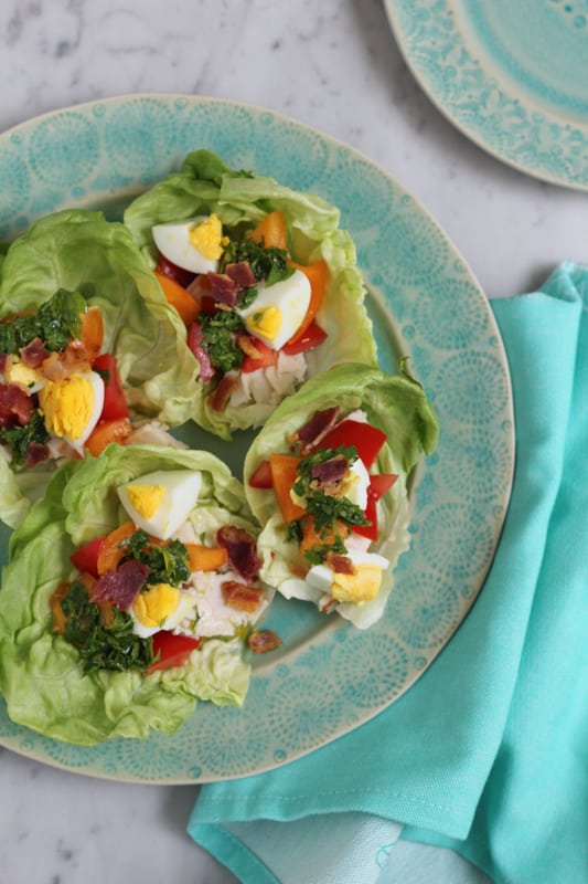 Cobb Salad Lettuce Wraps on a plate with a napkin.