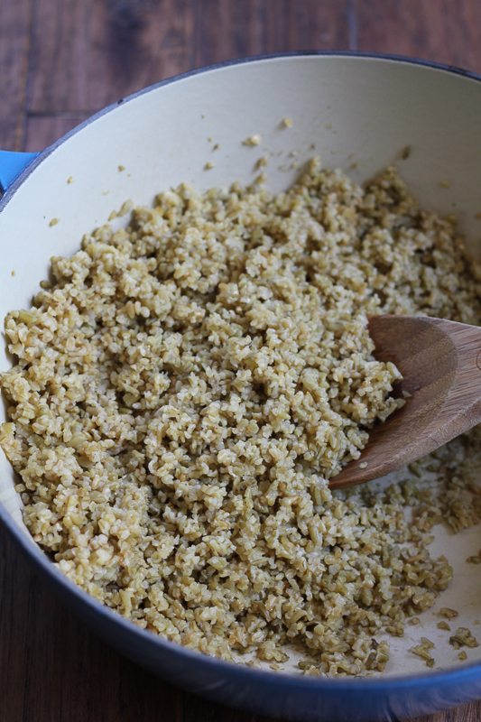 A pot of cooked freekeh for Mediterranean Freekeh Salad.