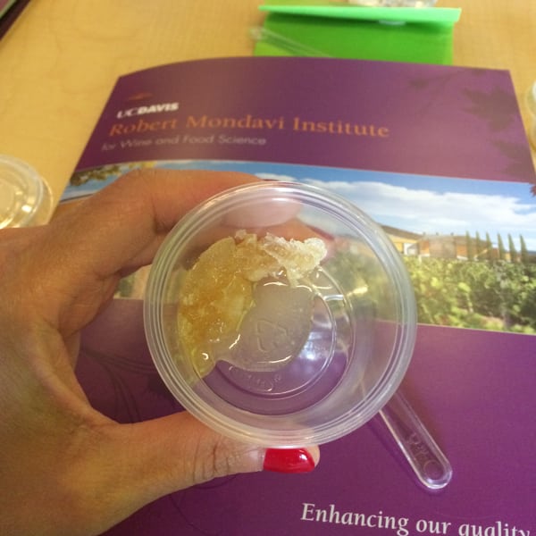 A sample dish for olive oil and honey tasting.