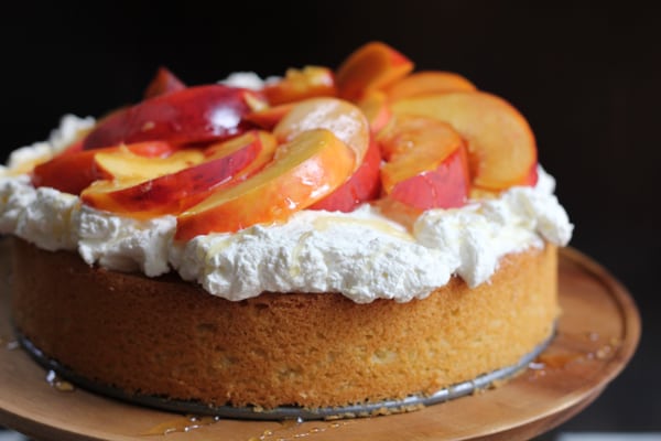 olive oil honey cake with fresh peaches