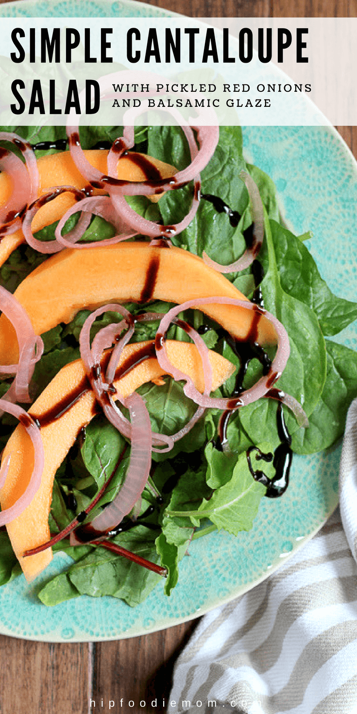 Simple Cantaloupe Salad with pickled red onions and balsamic glaze. Fresh and light -- you will love this salad! #cantaloupesalad #cantaloupe #salad #summersalad #healthy #lunch #pickledonions