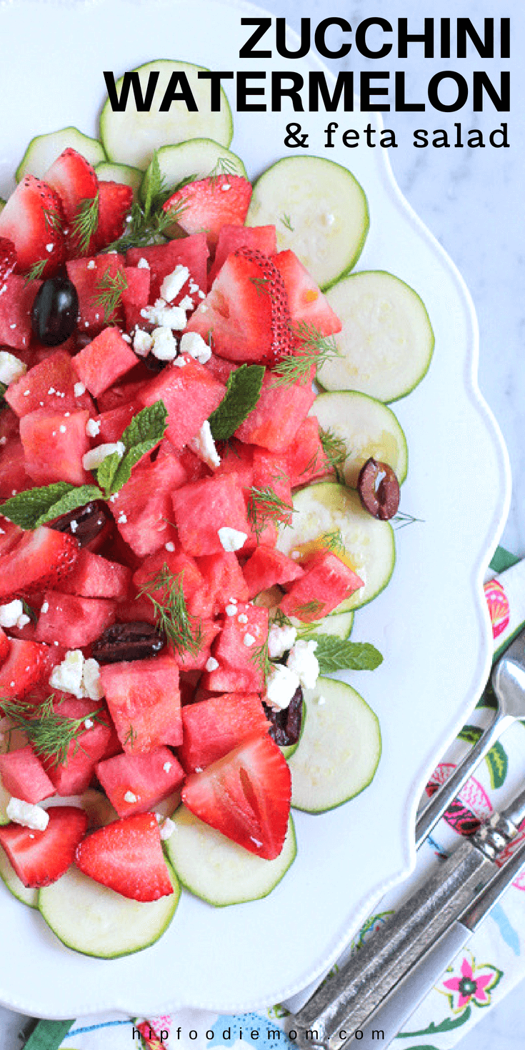 Celebrate summer with this Zucchini Watermelon and Feta Salad! SO easy to make and absolutely delicious! #watermelonsalad #watermelon #fruit #summersalad #fruitsalad #zucchini #vegetarian