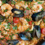 pan of seafood paella