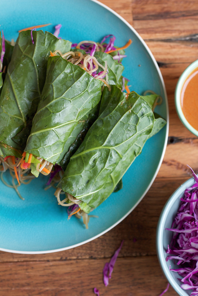 Spicy Asian Collard Green Wraps + A Giveaway!! Fresh, healthy and packed with vitamins, fiber and a ton of fresh veggies, you have to try my Spicy Asian Collard Green Wraps!! These are so easy to make and the peanut sauce is amazing!!