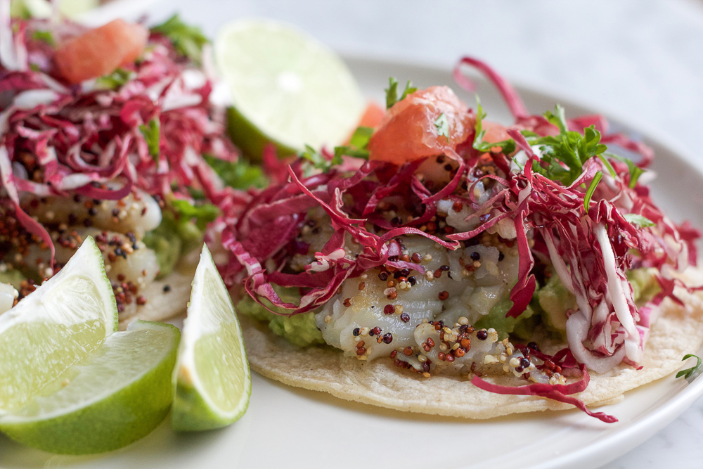 Giada's Fish Tostadas with Citrus Salsa! Fresh, easy to make and creative! The fish has a quinoa coating and is absolutely delicious!
