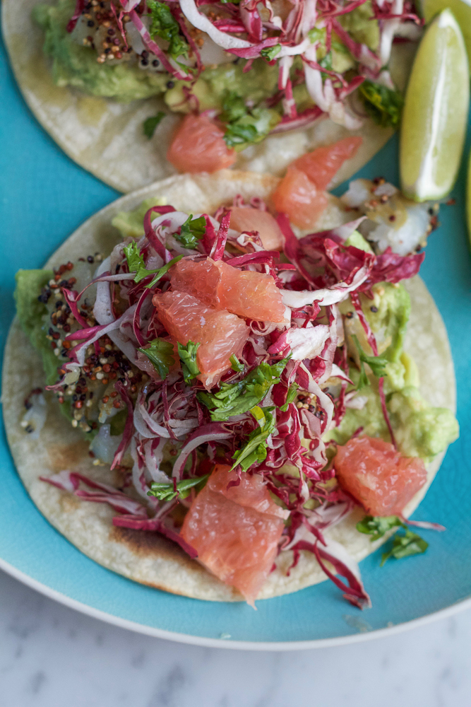 Giada's Fish Tostadas with Citrus Salsa! Fresh, easy to make and creative! The fish has a quinoa coating and is absolutely delicious!
