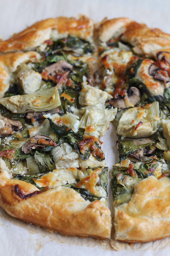 Spinach Mushroom and Artichoke Galette. So delicious and easy to make! Impress your family and friends with this savory tart. It's a perfect recipe for Easter Brunch!