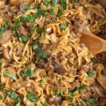 one pot ground beef stroganoff in a skillet
