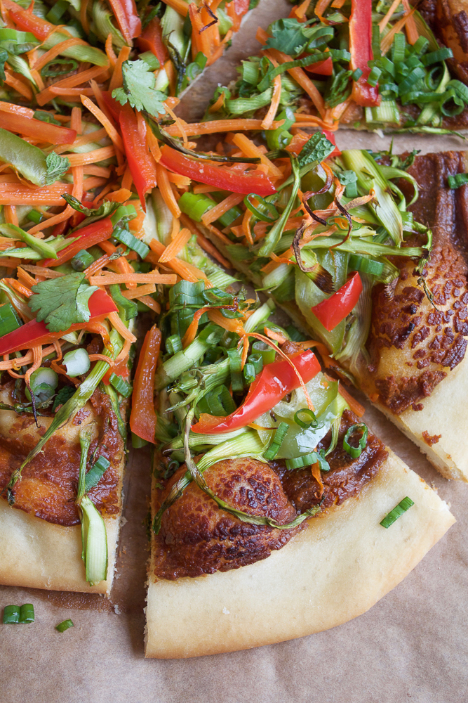 Vegan Asian Spring Roll Pizza! Everything fresh and delicious you love about Asian Spring Rolls. . on a pizza! And the spicy peanut sauce has amazing flavor that ties everything together! You will love this pizza!