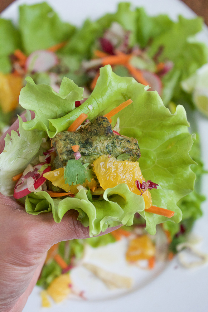 Kale and Potato Lettuce Cups with Orange Vinaigrette! Fresh and delicious lettuce cups made with Dr. Praeger's new Kale Littles! Kale, potatoes and onions packed into adorable shapes to help your kids eat more veggies!