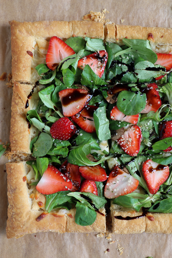Strawberry Salad Tart. Celebrate spring with this savory and fresh spinach and strawberry tart! Using puff pastry makes this tart so easy to make and delicious! 