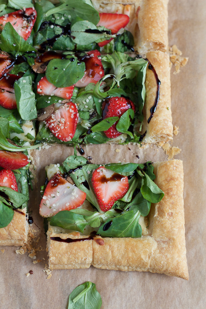 Strawberry Salad Tart. Celebrate spring with this savory and fresh spinach and strawberry tart! Using puff pastry makes this tart so easy to make and delicious! 
