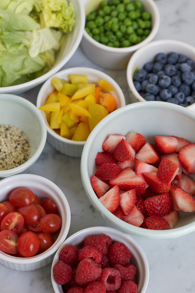 Ingredients for Mason Jar Salad in bowls.