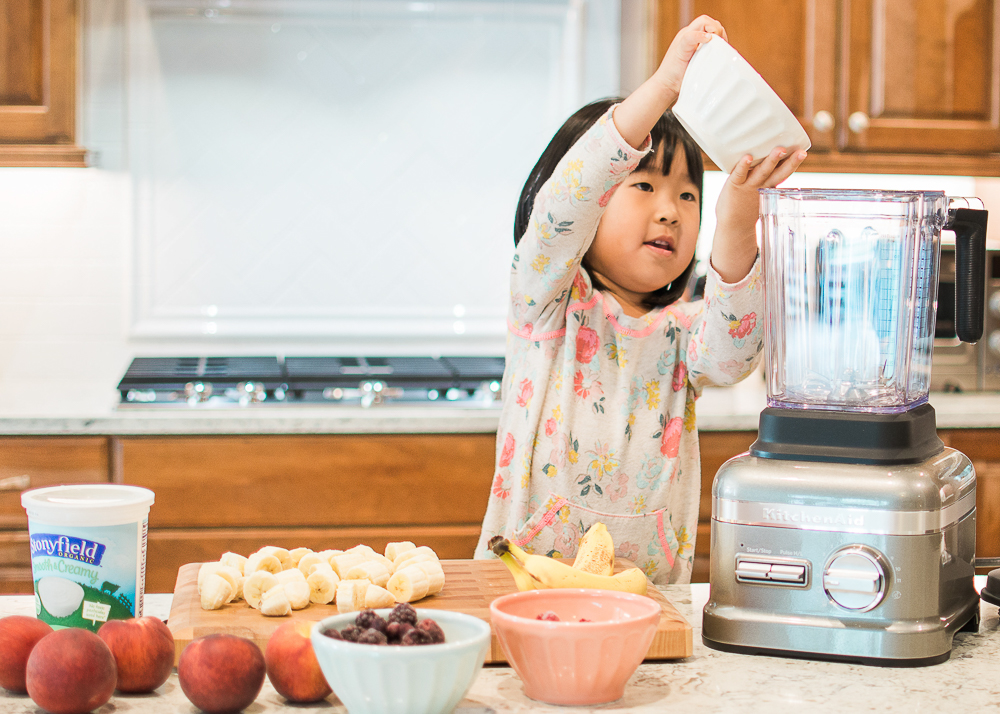 Our Favorite Smoothie! Start off your mornings right with this family favorite! Fresh bananas, frozen mangos and berries, yogurt, almond milk, flaxseed meal and more. My kids love this smoothie and yours will too!