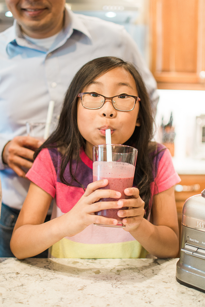 Our Favorite Smoothie! Start off your mornings right with this family favorite! Fresh bananas, frozen mangos and berries, yogurt, almond milk, flaxseed meal and more. My kids love this smoothie and yours will too!