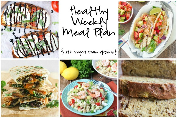 A healthy weekly meal plan featuring enchiladas, fresh fish tacos, Mediterranean Grilled Shrimp Quinoa Salad and more!