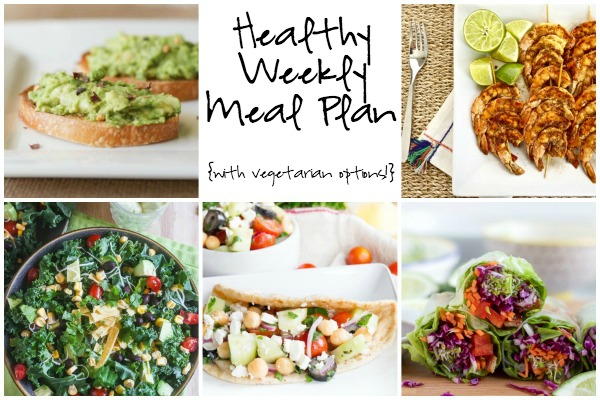 A healthy weekly meal plan featuring Asian Chicken Spring Rolls, Chopped Mexican Kale Salad with Creamy Avocado Dressing, Spicy Lime Grilled Shrimp and more!